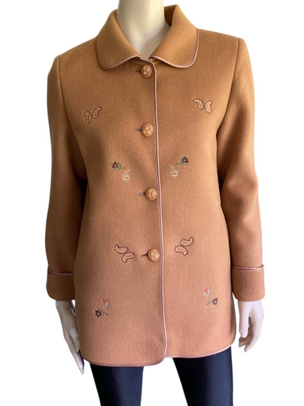 VENUS Vintage 100% Wool Embroidered Jacket Camel Brown Satin Trim Size S ECU